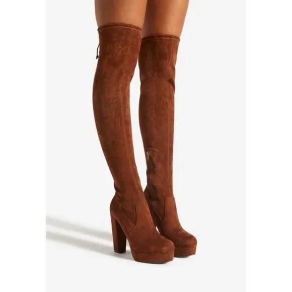 NIB Black Faux Suede Over The Knee Block Heel Baddie Boots - Picture 5 of 6